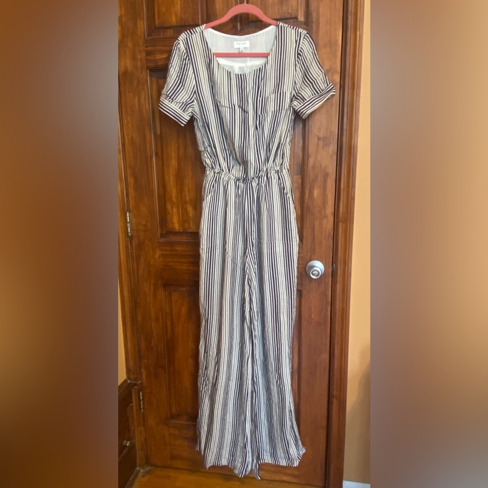 Striped Short-Sleeve Jumpsuit in Navy and Cream